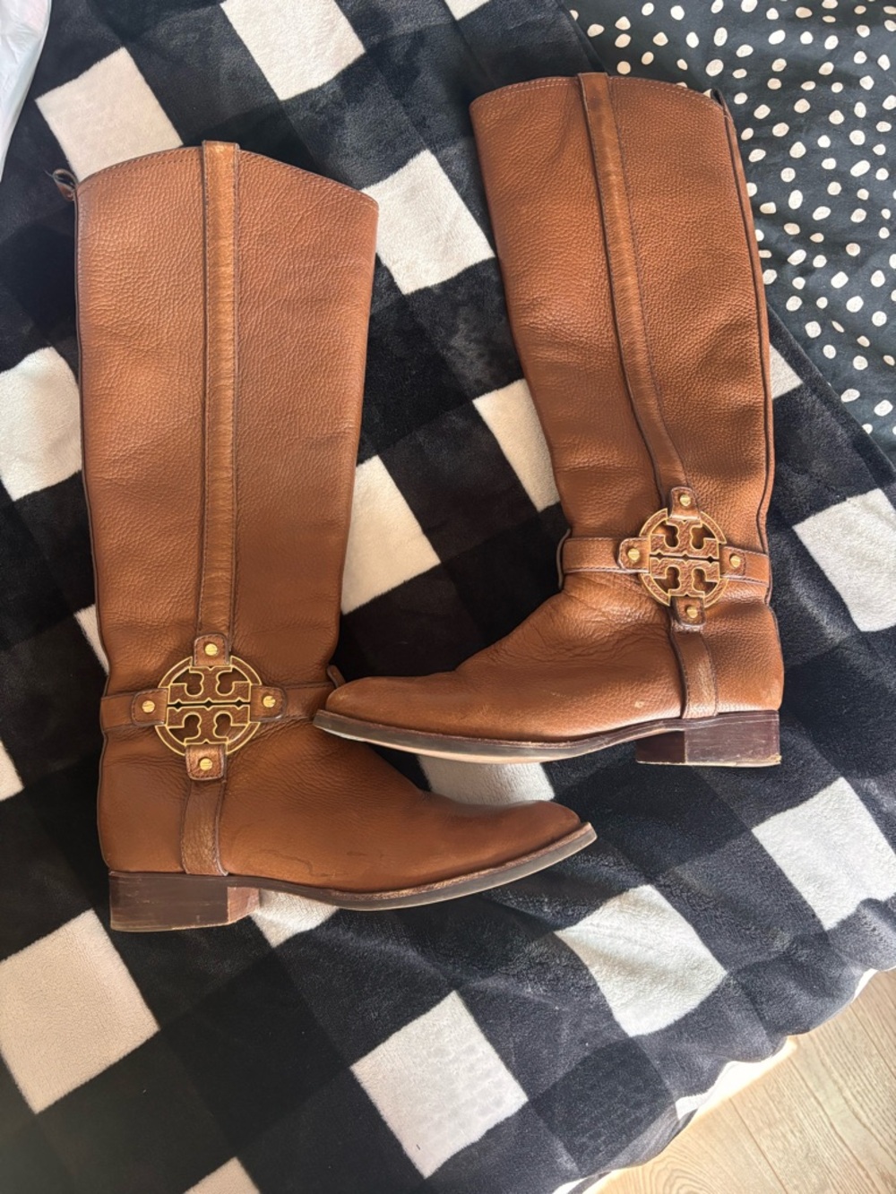 Tory Burch Cognac Leather Tall Riding Boots with Gold Logo